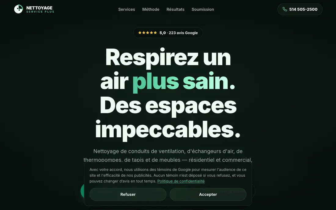 Page d'accueil du site de Nettoyage Service Plus