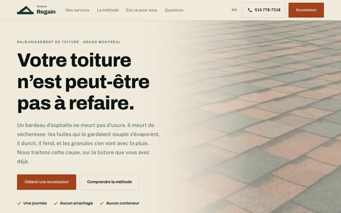 Home page of the Toitures Regain website