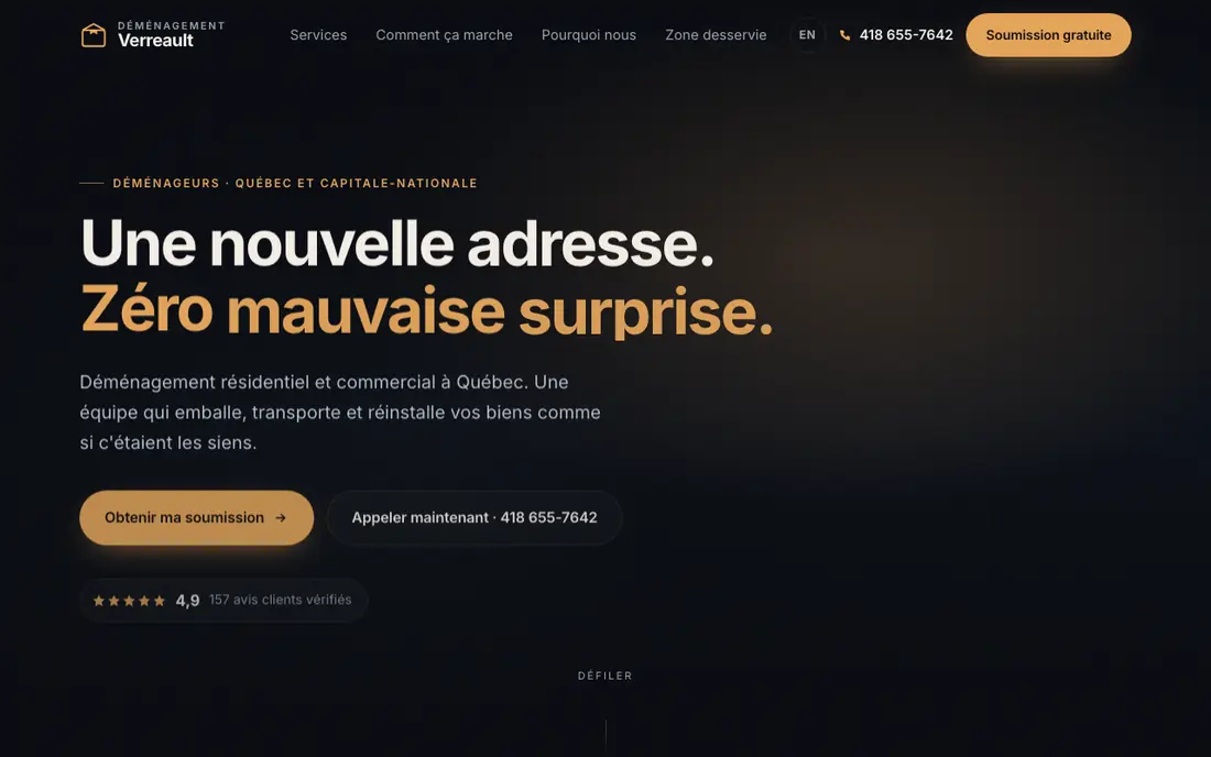 Home page of the Déménagement Verreault website